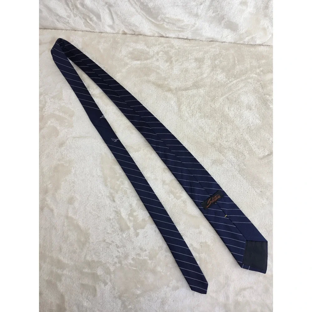 Sabatini‎ Mens Silk Blend Necktie Navy Blue White Diagonal Pinstripe Formal Tie